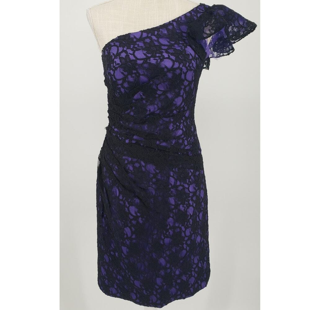 Mori‎ Lee One Shoulder Lace Cocktail Dress 0 Sheath Ruffle Ruched Black Purple